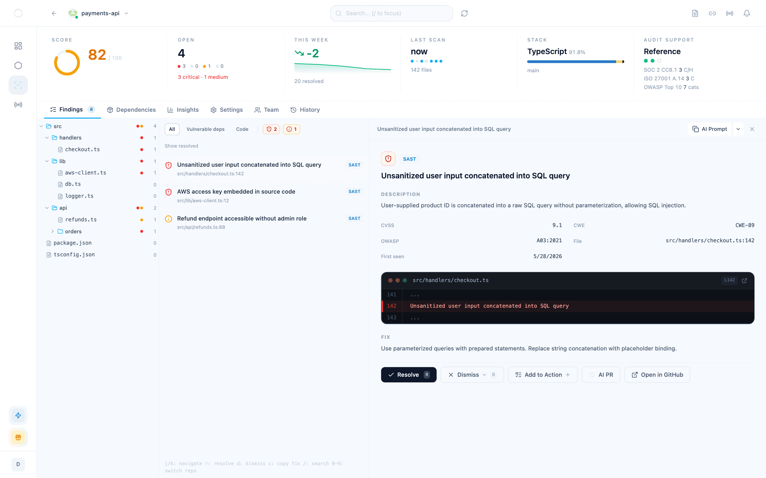 Repository-level investigation within the dashboard